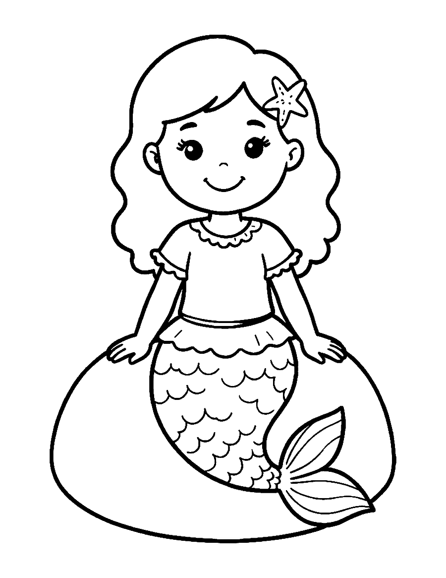 Line drawing of a smiling mermaid in a ruffled top sitting on a rock