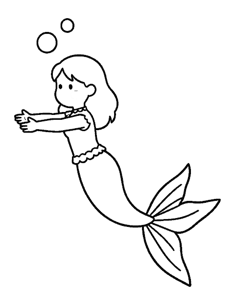 Line drawing of a young mermaid swimming sideways with her arms reaching forward