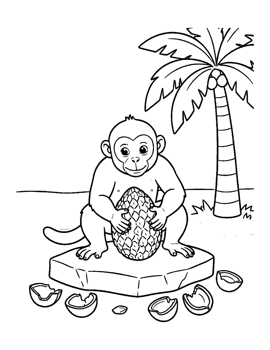 Line drawing of a capuchin monkey using a stone to crack a nut on a flat rock