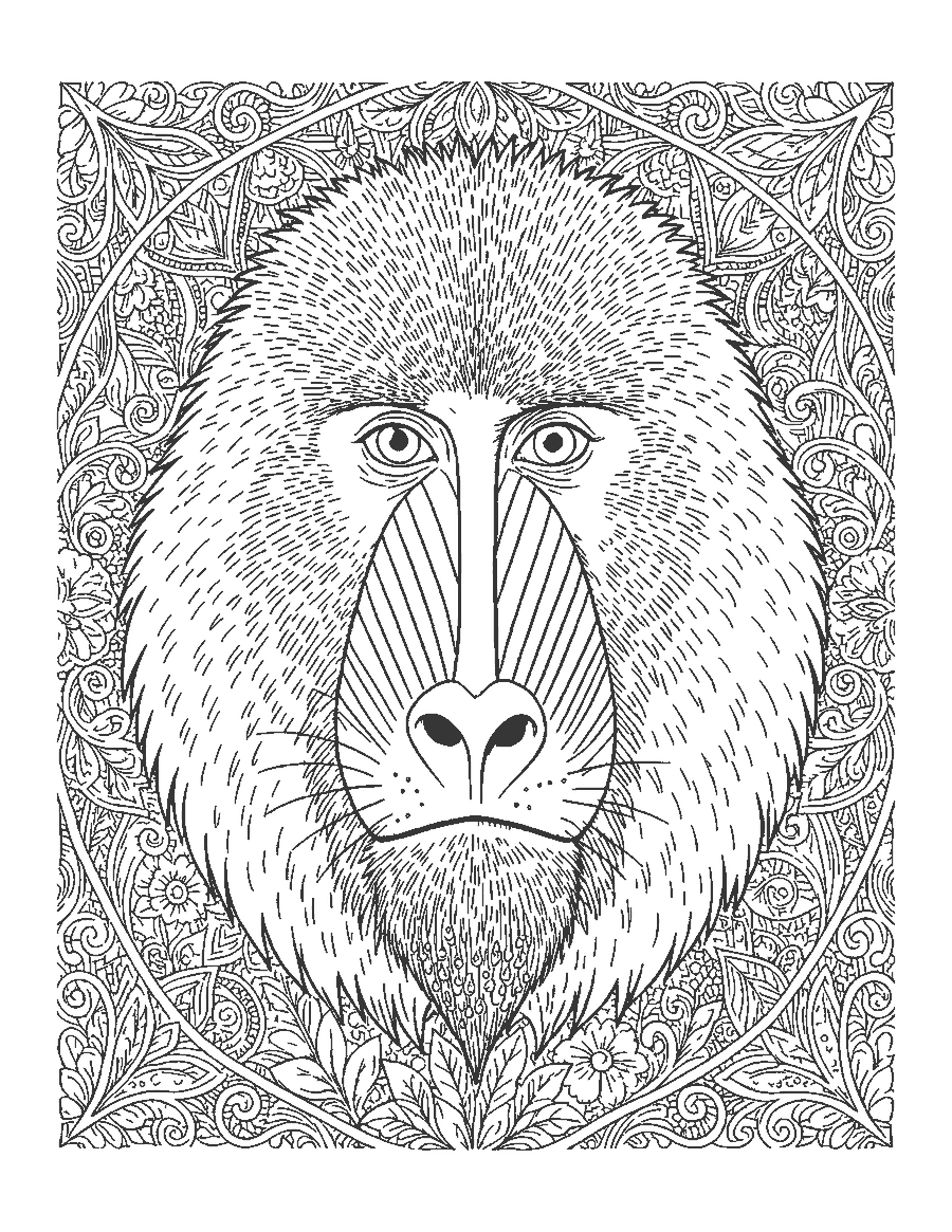 Line drawing close-up of a mandrill's face with its long ridged muzzle and fluffy cheeks