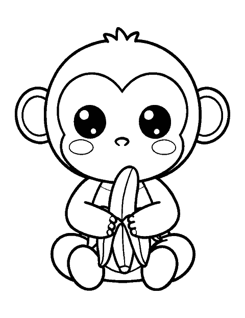 Line drawing of a cute chibi monkey sitting and holding a half-peeled banana