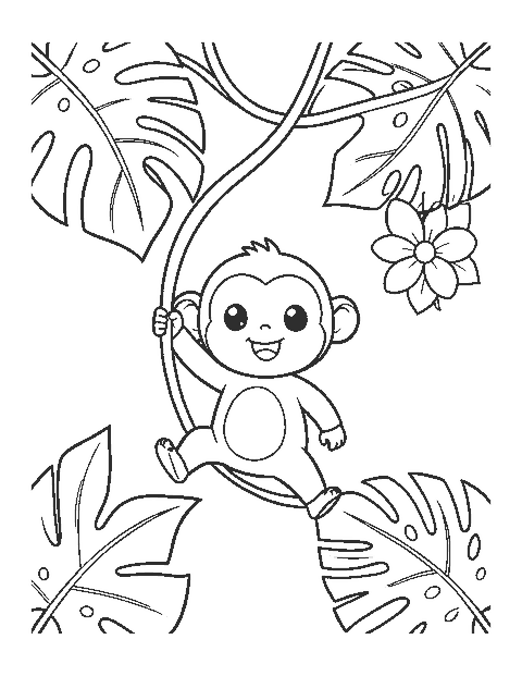 Line drawing of a cute monkey swinging on a jungle vine among big leaves and flowers