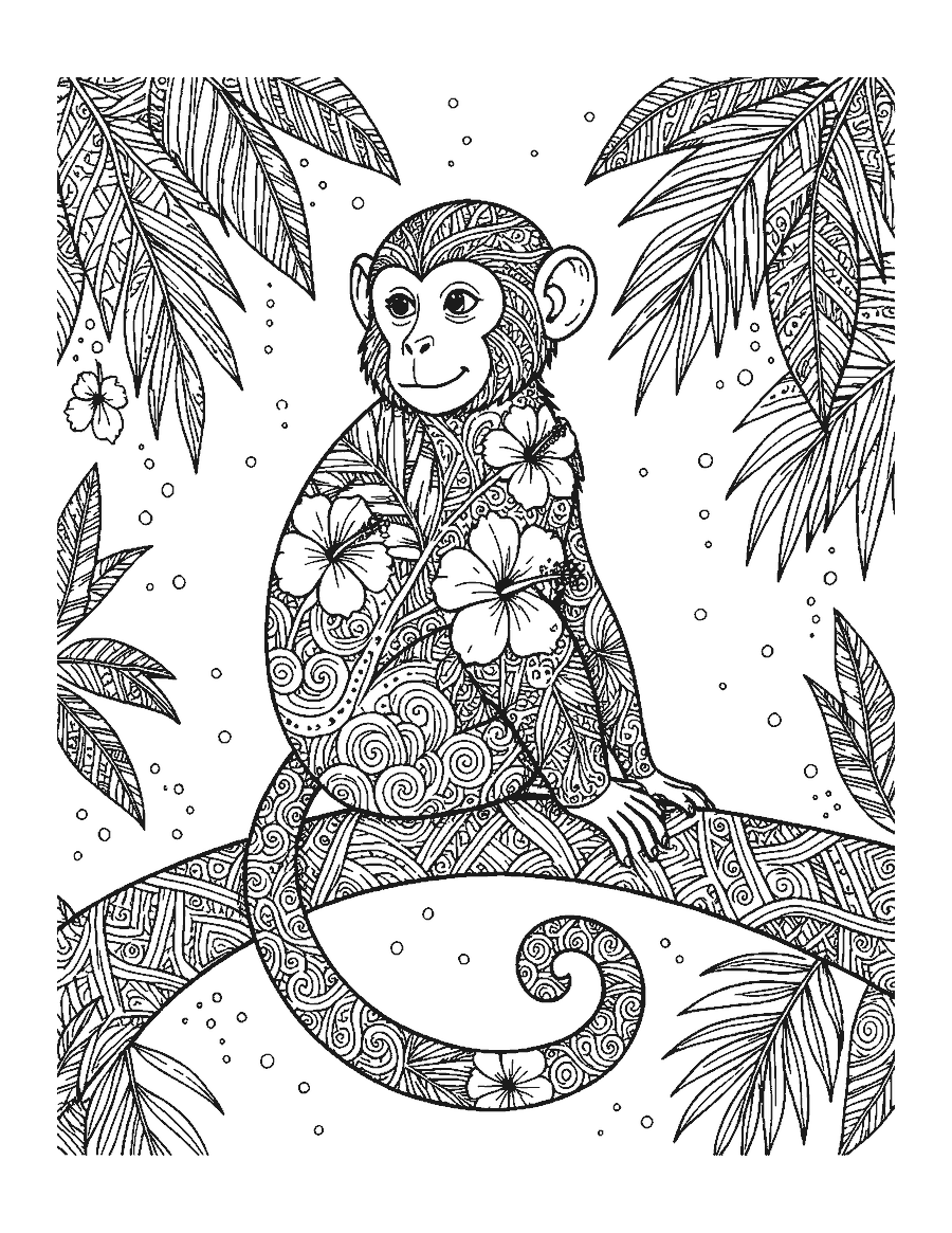 Line drawing of a sitting monkey filled with tropical doodle patterns on a patterned branch