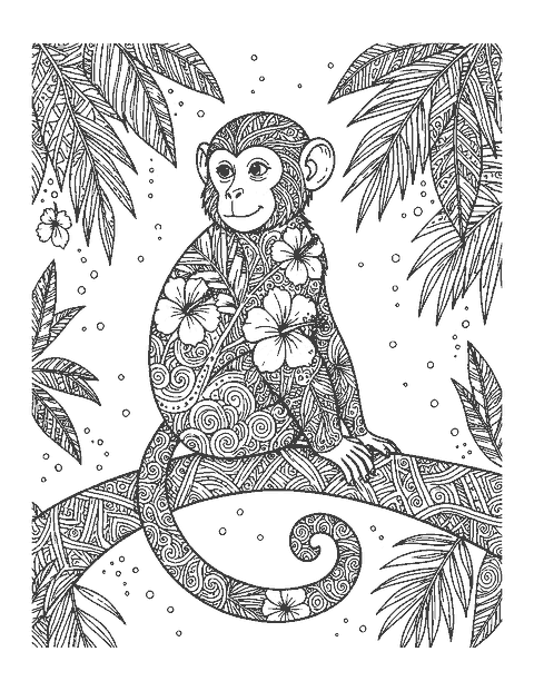 Line drawing of a sitting monkey filled with tropical doodle patterns on a patterned branch