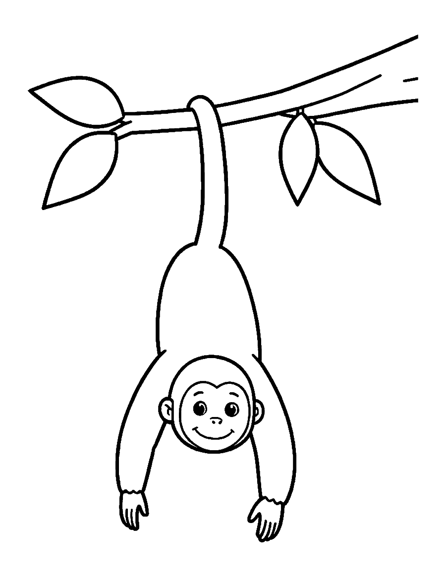 Line drawing of a spider monkey hanging upside down from a branch by its tail