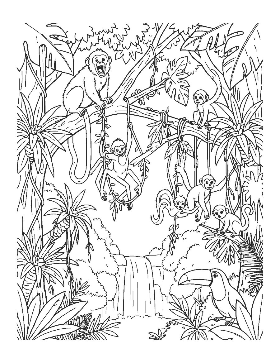 Line drawing of howler, spider and squirrel monkeys in the rainforest treetops with a toucan