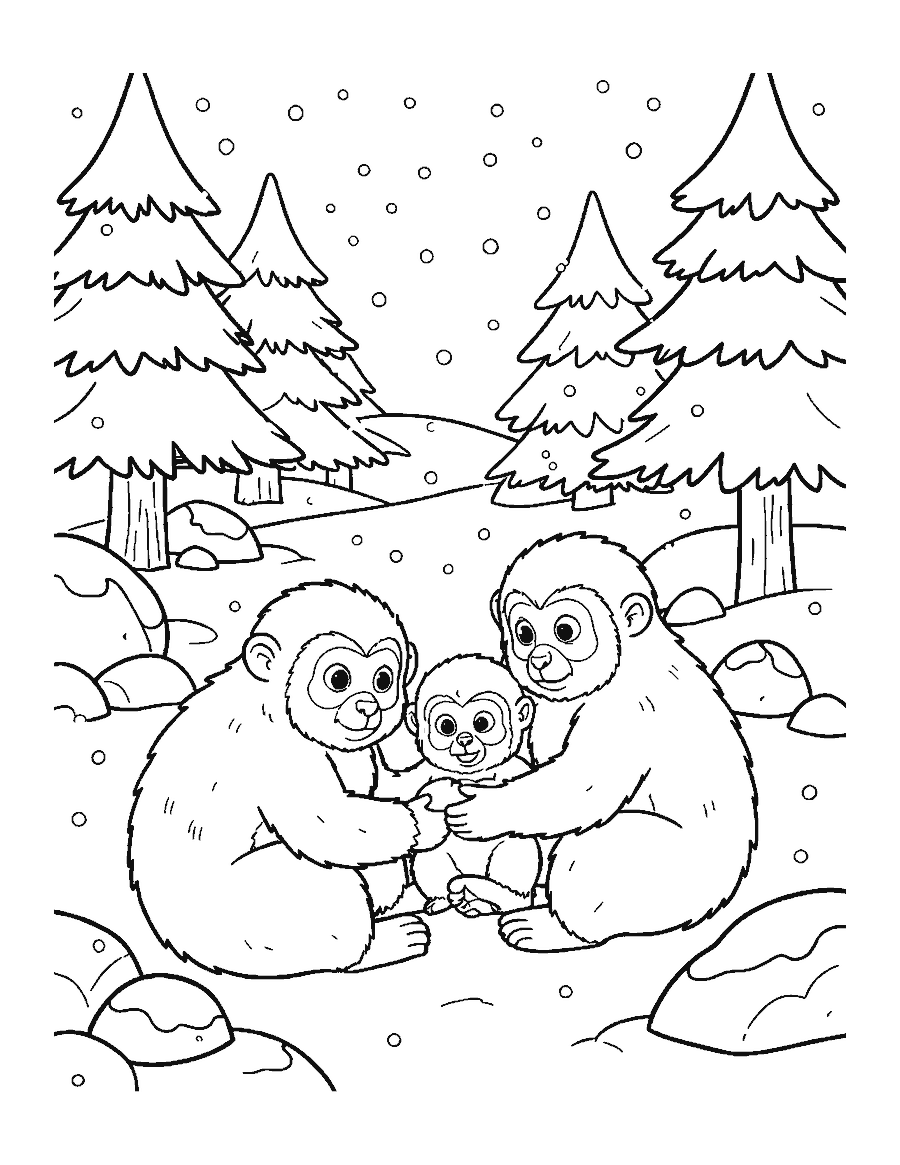 Line drawing of snow monkeys grooming each other in a snowy forest with a baby clinging on