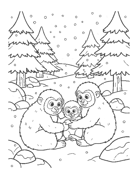 Line drawing of snow monkeys grooming each other in a snowy forest with a baby clinging on