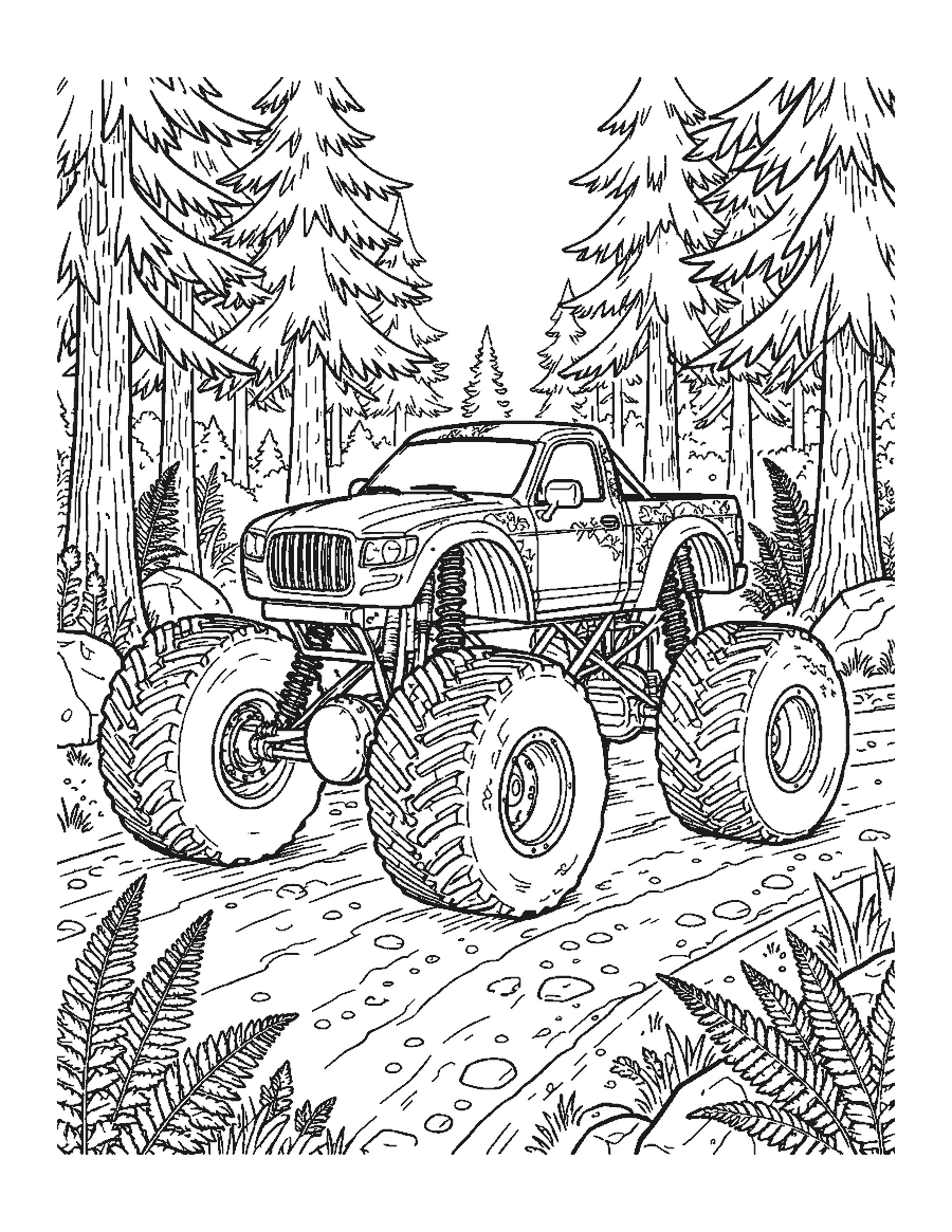 Line drawing of a detailed monster truck with huge tires and shocks parked in a forest clearing