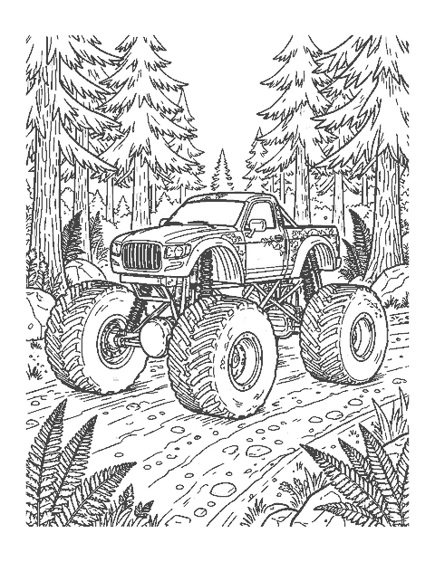 Line drawing of a detailed monster truck with huge tires and shocks parked in a forest clearing