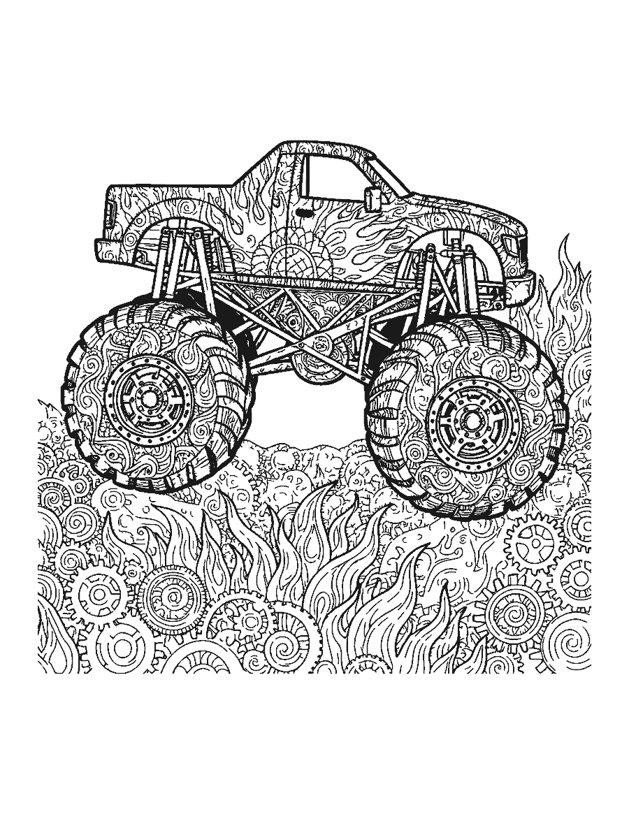Line drawing of a monster truck filled with intricate doodle patterns