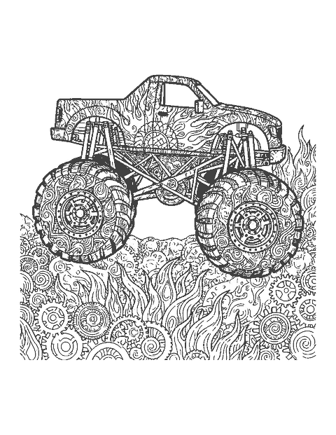 Line drawing of a monster truck filled with intricate doodle patterns