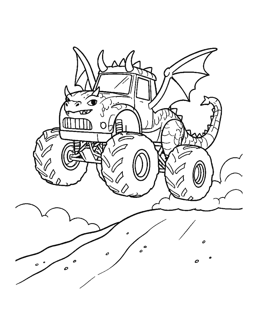 Line drawing of a dragon-shaped monster truck leaping over a dirt mound