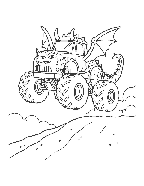 Line drawing of a dragon-shaped monster truck leaping over a dirt mound
