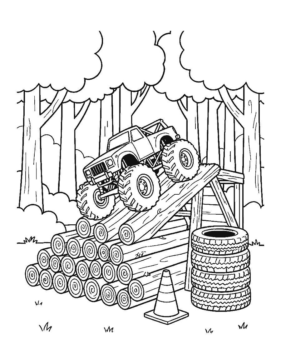 Line drawing of a monster truck climbing a ramp of stacked logs in a forest clearing