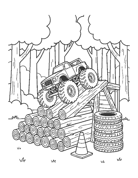 Line drawing of a monster truck climbing a ramp of stacked logs in a forest clearing