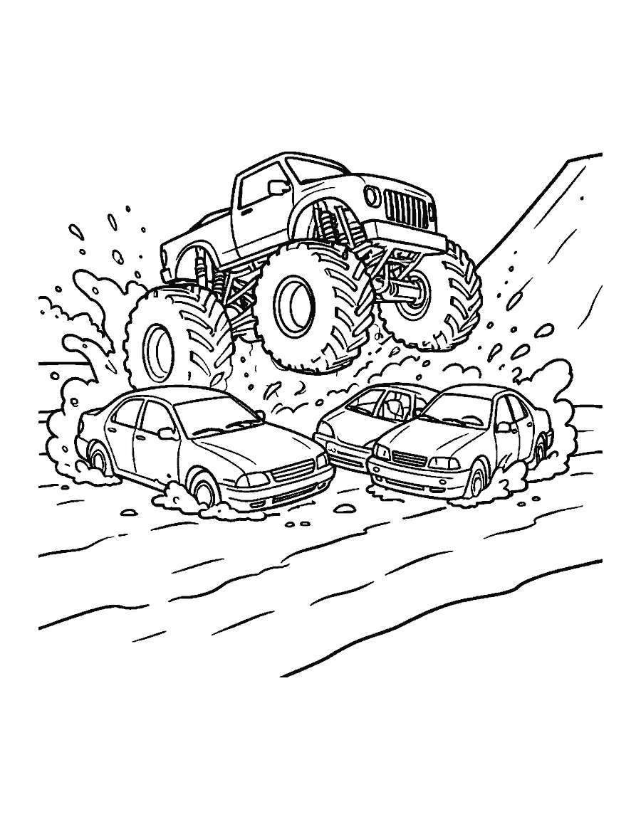 Line drawing of a monster truck rolling over two flattened old cars on a dirt track