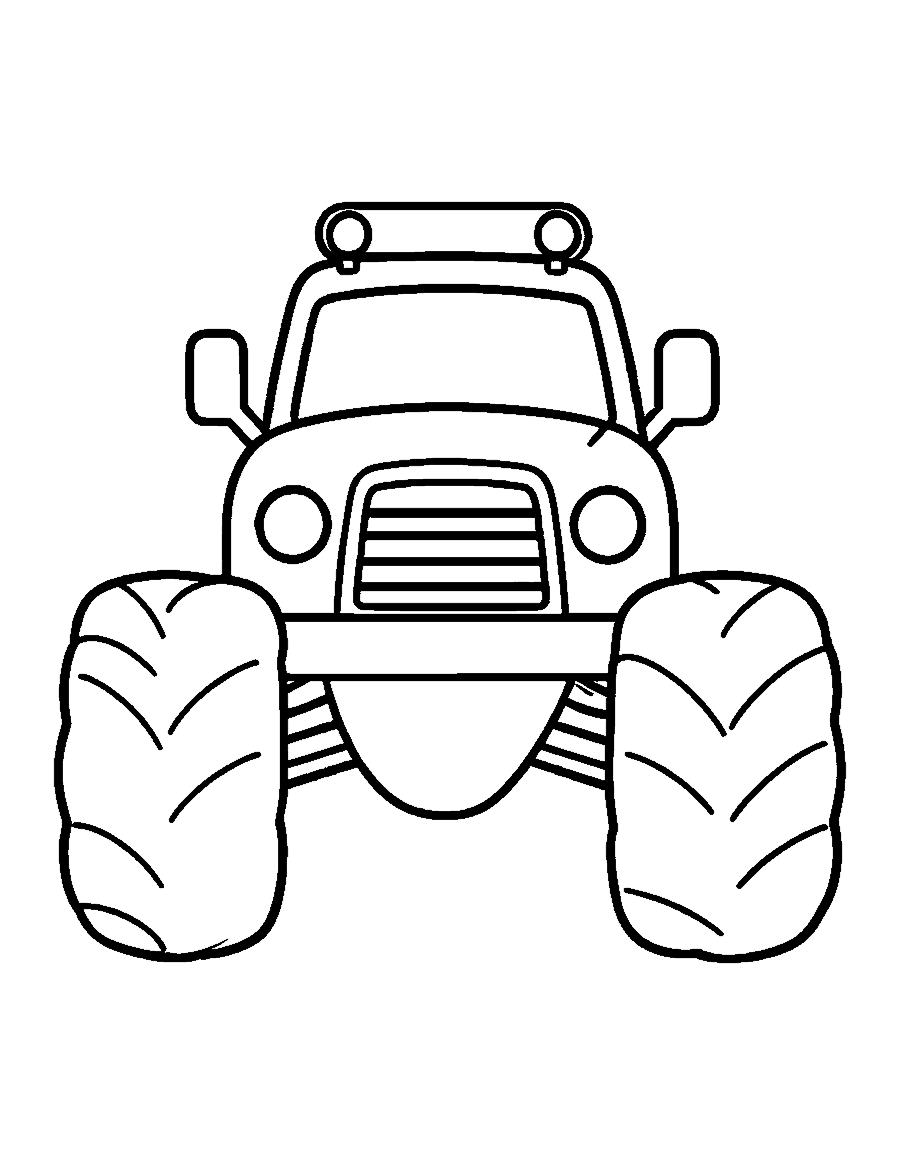 Line drawing of a monster truck seen from the front with giant tires and a light bar