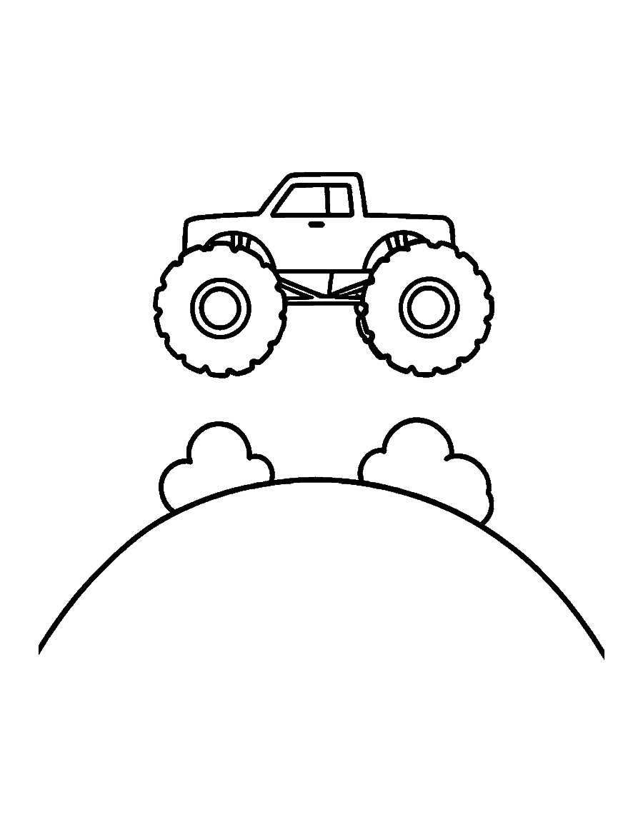 Line drawing of a monster truck in mid-air above a dirt hill with dust clouds