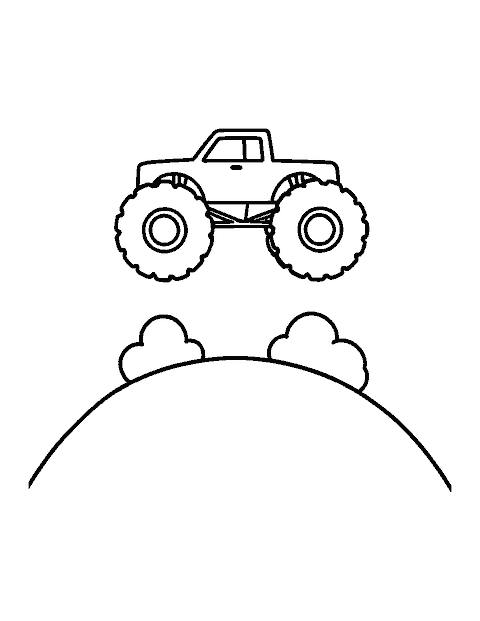 Line drawing of a monster truck in mid-air above a dirt hill with dust clouds