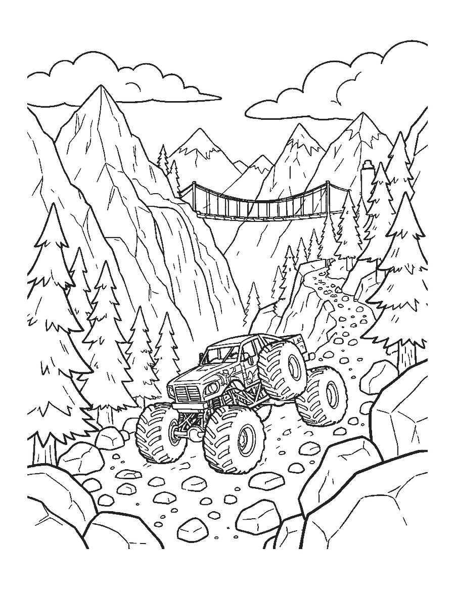 Line drawing of a monster truck crawling over boulders on a steep mountain trail