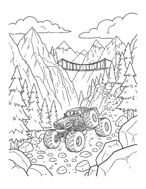 Line drawing of a monster truck crawling over boulders on a steep mountain trail