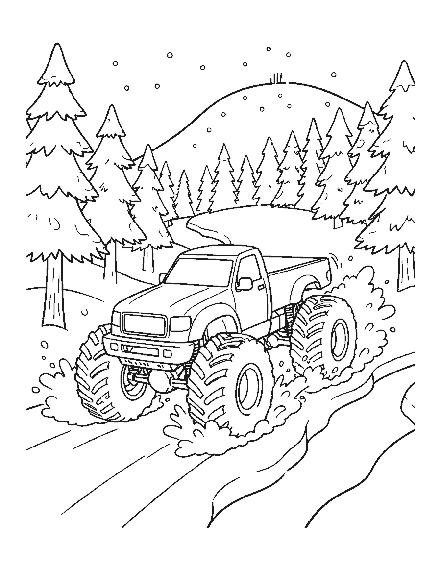Line drawing of a monster truck plowing through deep snow on a forest trail