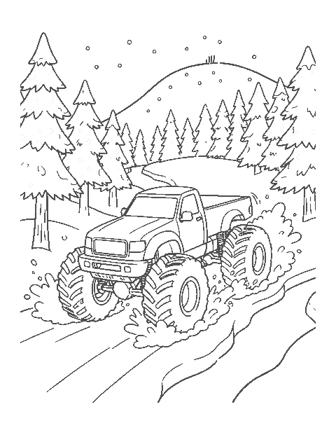 Line drawing of a monster truck plowing through deep snow on a forest trail