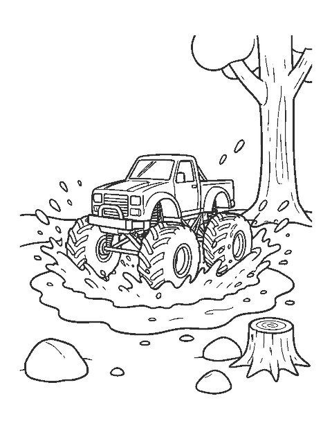Line drawing of a monster truck splashing through a big mud puddle beside a tree stump