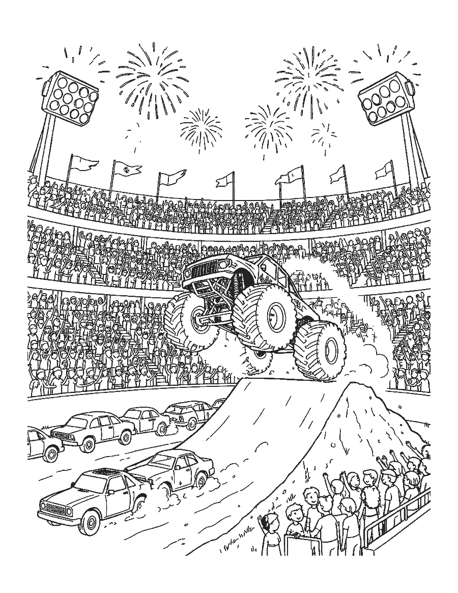 Line drawing of a monster truck jumping a ramp in a packed stadium with fireworks