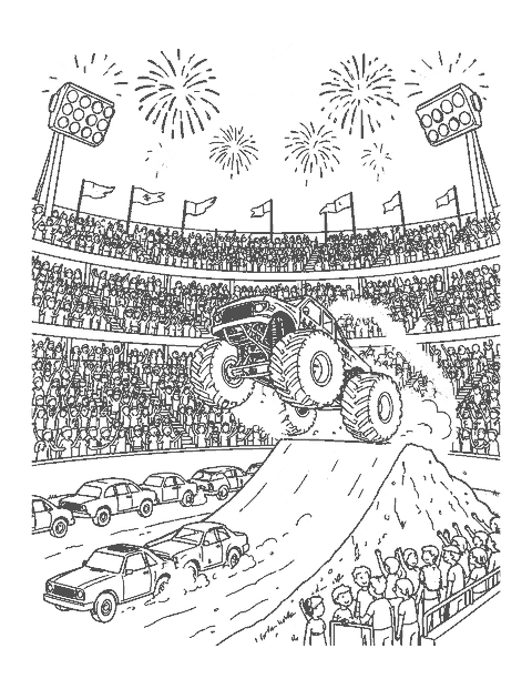 Line drawing of a monster truck jumping a ramp in a packed stadium with fireworks
