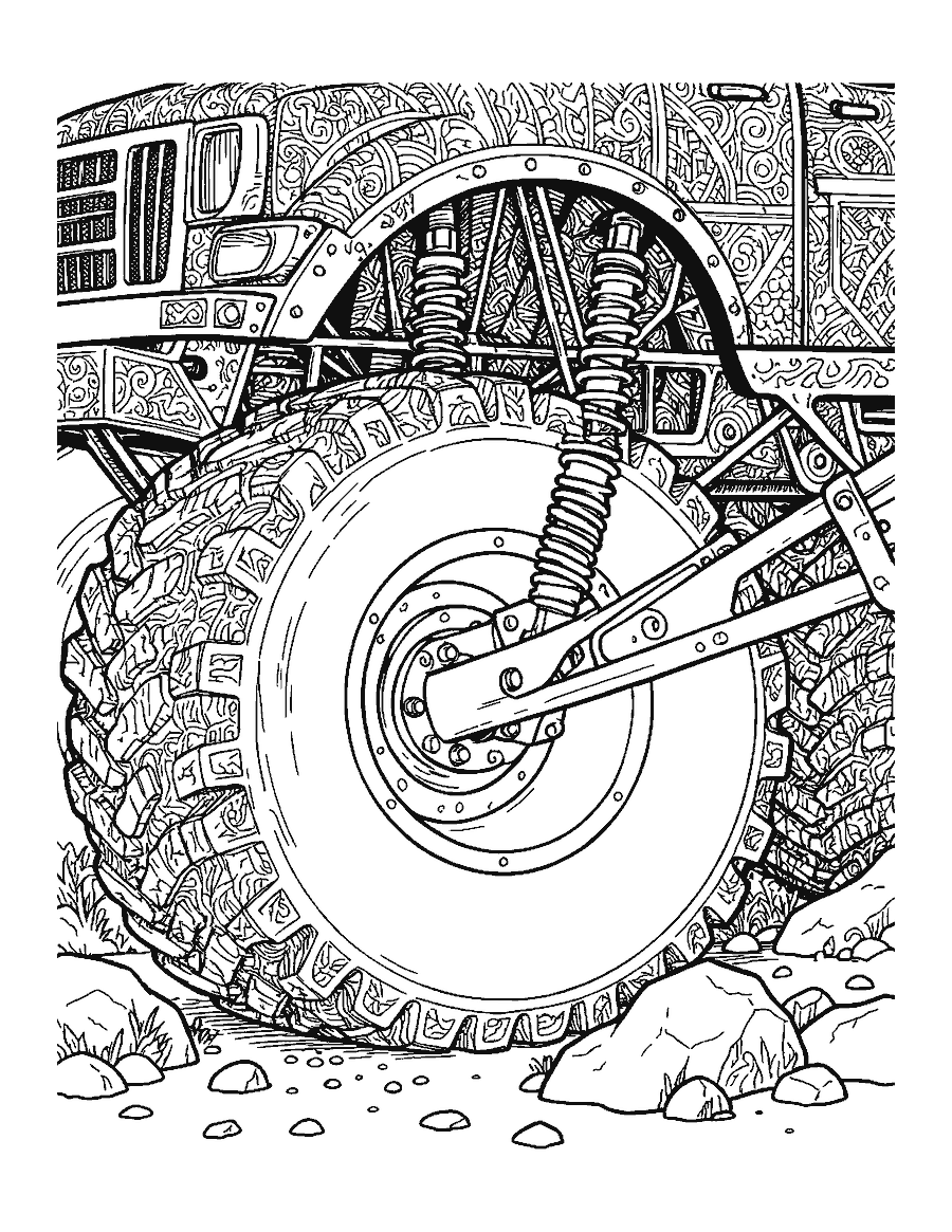 Line drawing of a close-up of a monster truck's giant tire, springs and shock absorbers