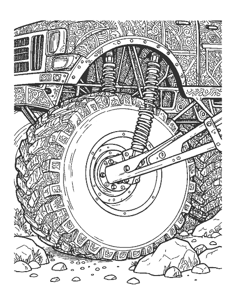 Line drawing of a close-up of a monster truck's giant tire, springs and shock absorbers