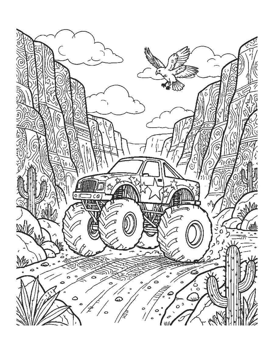 Line drawing of a monster truck doing a wheelie on a dirt track through a rocky canyon