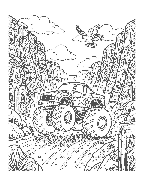 Line drawing of a monster truck doing a wheelie on a dirt track through a rocky canyon