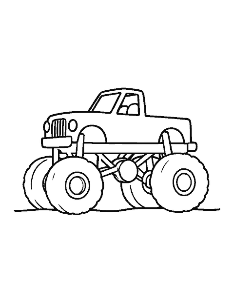 Line drawing of a monster truck with four giant chunky tires seen from the side