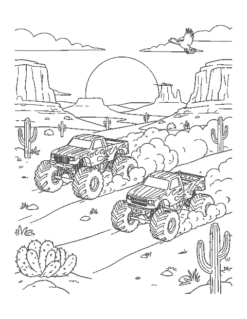 Line drawing of two monster trucks racing over desert dunes past cacti and mesas