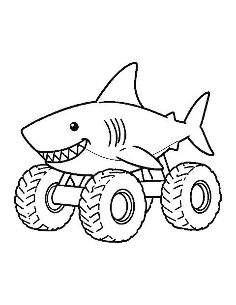 Line drawing of a shark-shaped monster truck with a fin and a toothy grin