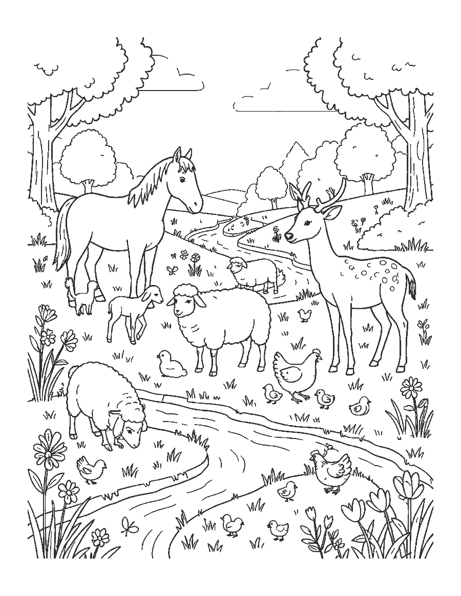 Line drawing of a horse, sheep, hen and deer with their babies in a meadow
