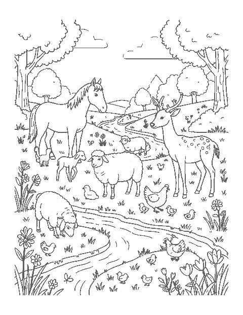 Line drawing of a horse, sheep, hen and deer with their babies in a meadow