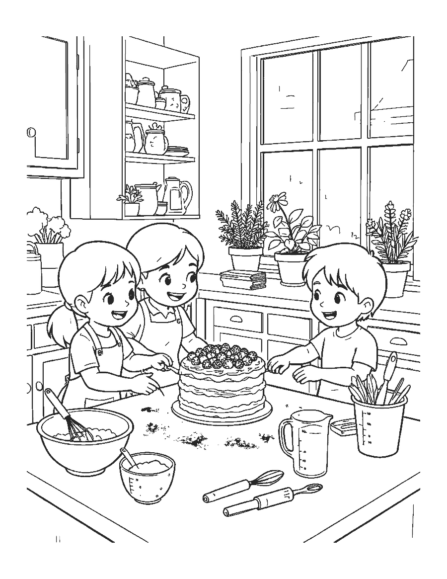 Line drawing of a mother and two children decorating a cake in a kitchen