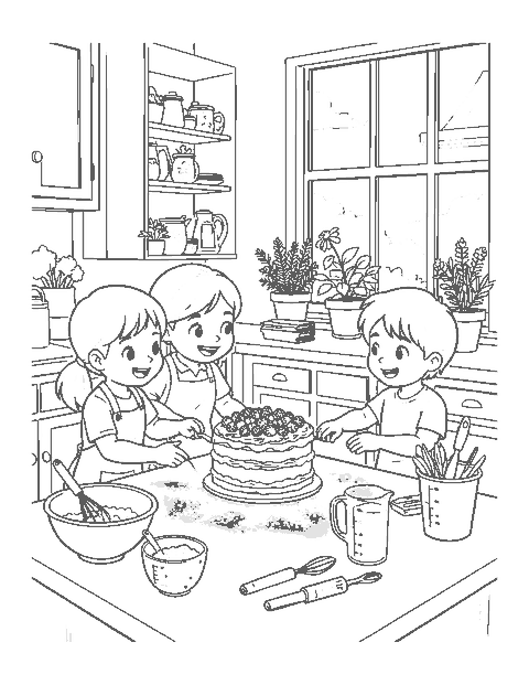 Line drawing of a mother and two children decorating a cake in a kitchen