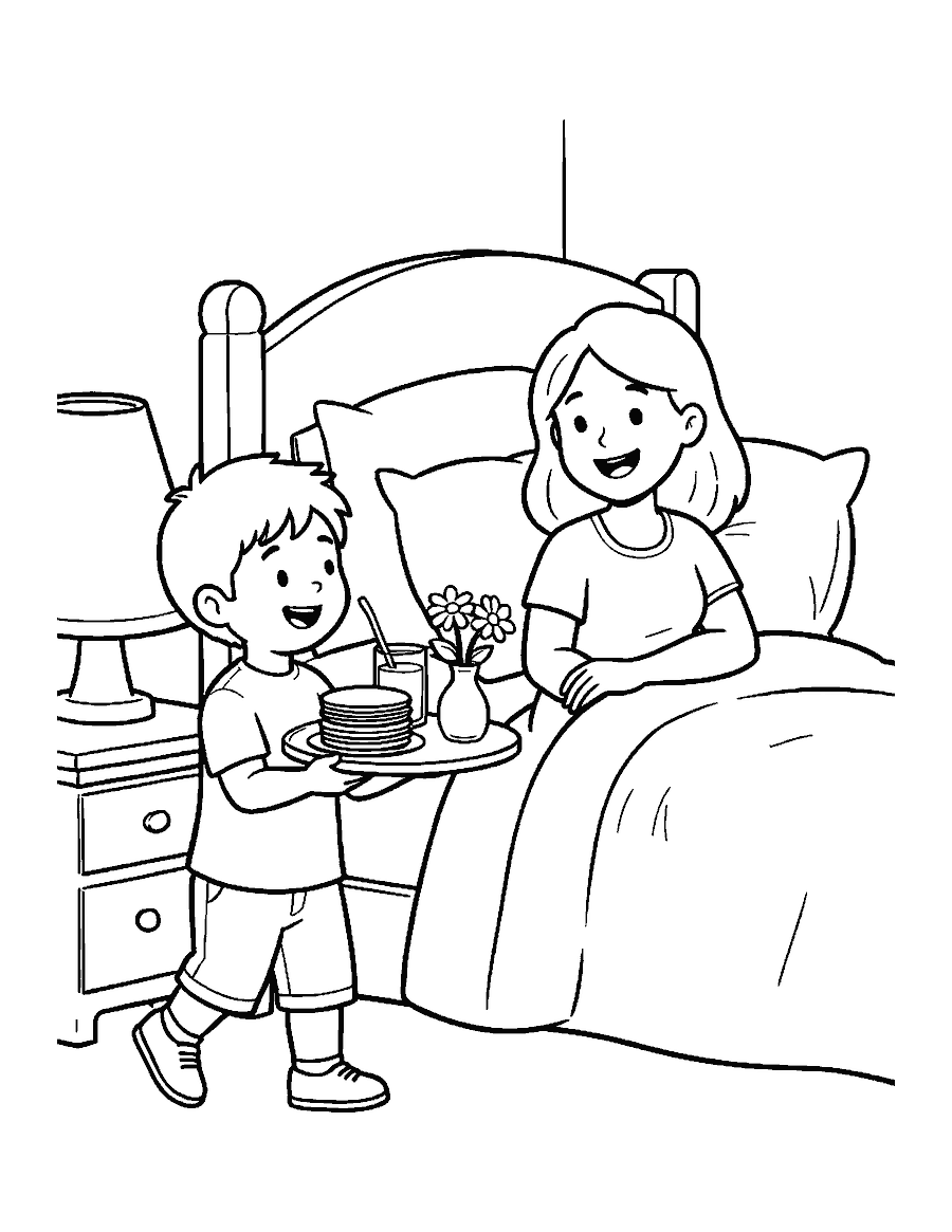Line drawing of a child bringing a breakfast tray to a mother in bed