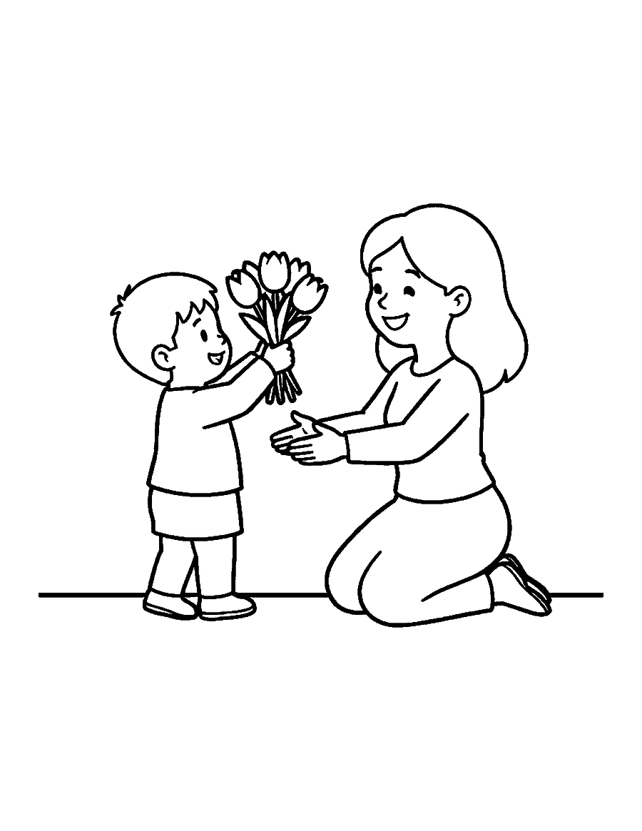 Line drawing of a small child giving tulips to a smiling kneeling mother