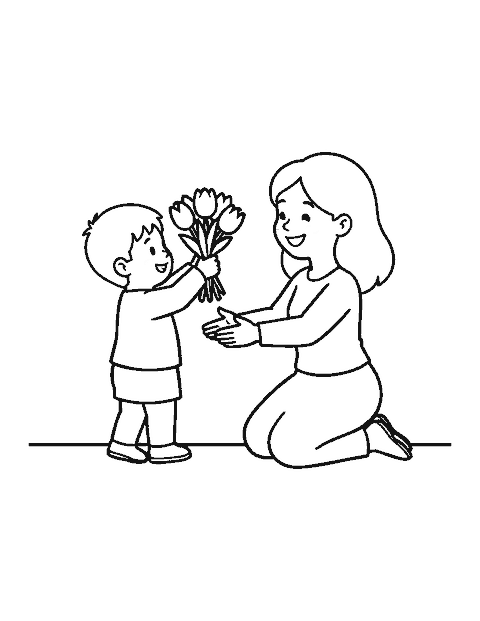 Line drawing of a small child giving tulips to a smiling kneeling mother