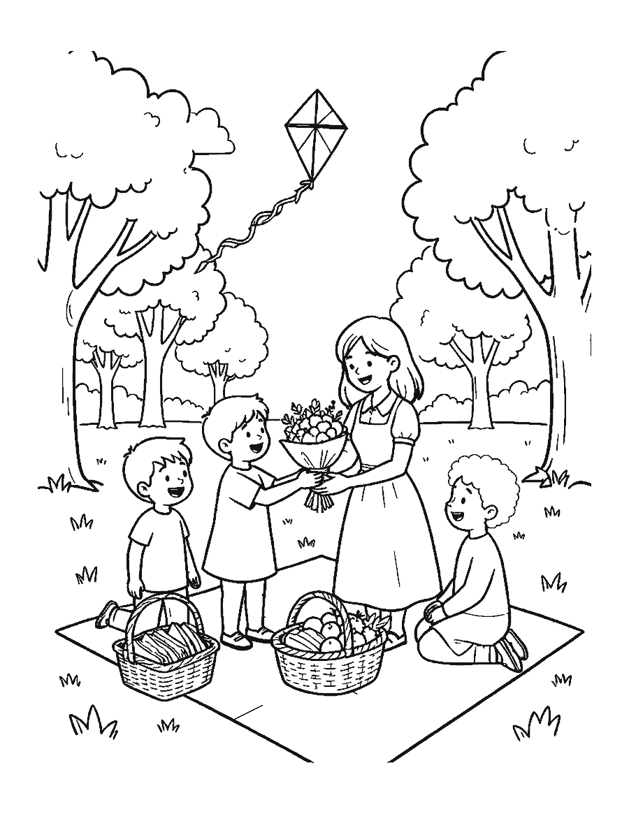 Line drawing of children giving their mother flowers at a park picnic