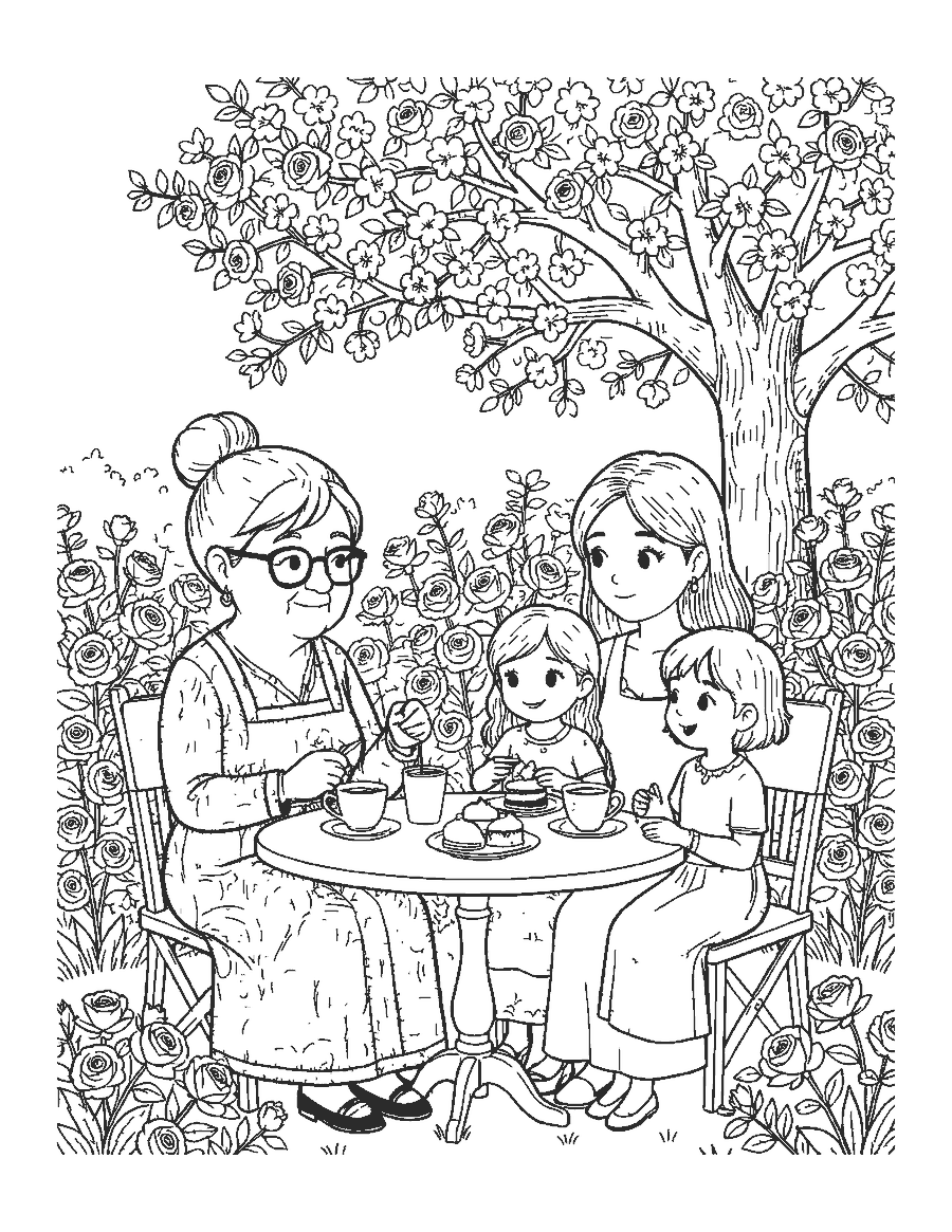 Line drawing of a grandmother, mother and girl having tea in a garden