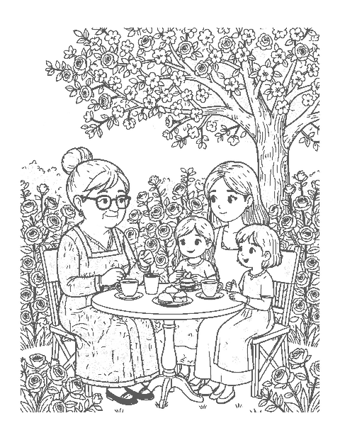 Line drawing of a grandmother, mother and girl having tea in a garden