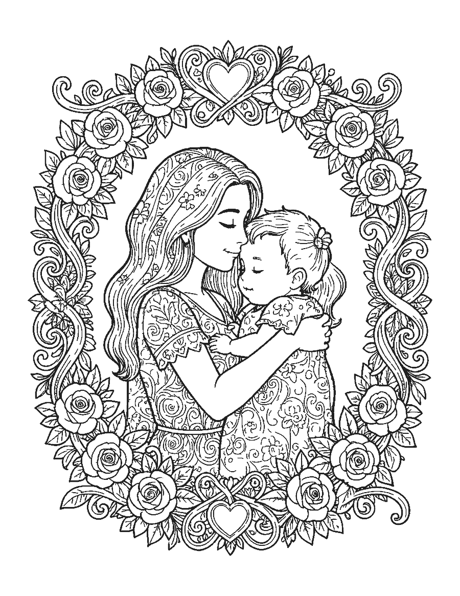 Line drawing of a mother holding her baby inside a wreath of roses and ribbons