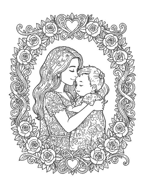 Line drawing of a mother holding her baby inside a wreath of roses and ribbons